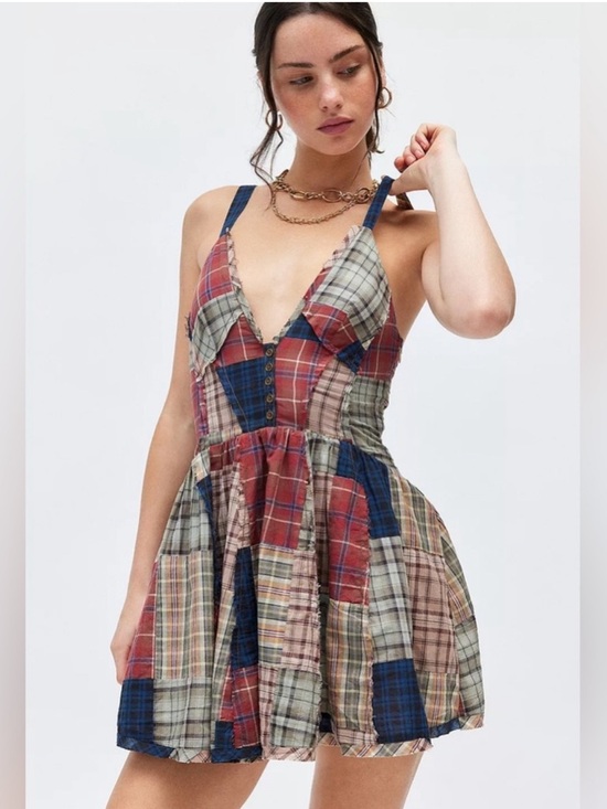 BDG Dresses & Skirts - UO BDG Bryn Fit & Flare Mini Dress - Plaid Patchwork Cotton Plunge Dress